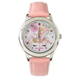 Pink Gold Glitter Unicorn Face Flowers Girls Gifts Watch