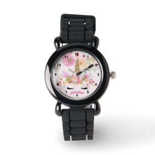 Pink Gold Glitter Unicorn Face Flowers Girls Gifts Watch
