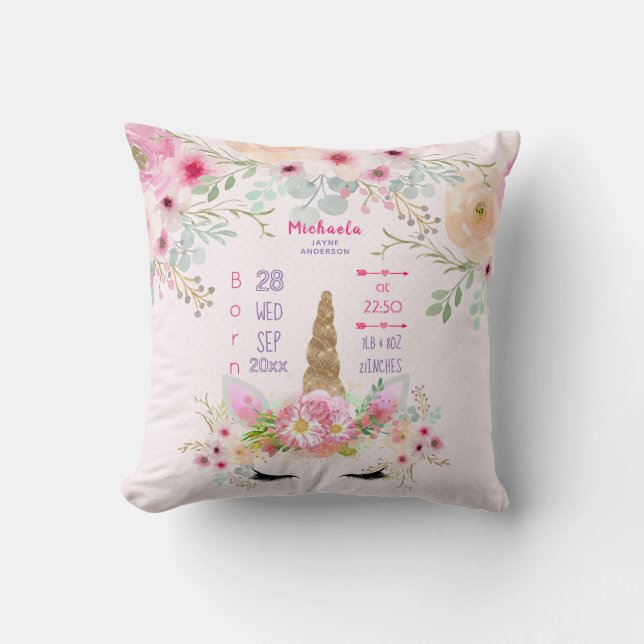 Pink Gold Glitter Unicorn Face Girls Baby Stats Throw Pillow (Front)