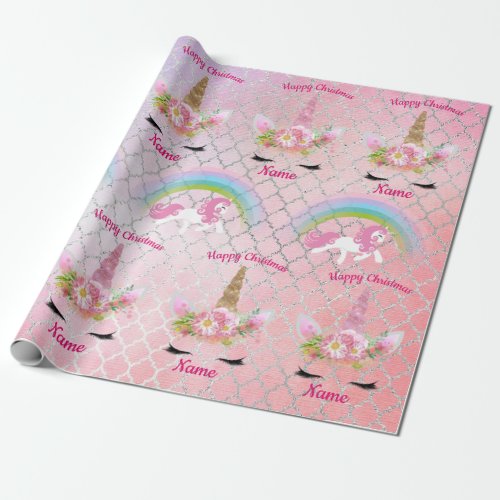 Pink Gold Glitter Unicorn Face Rainbow Girls Gift Wrapping Paper