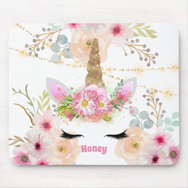 Pink Gold Glitter Unicorn Face Trendy Girls Gift Mouse Pad (Front)