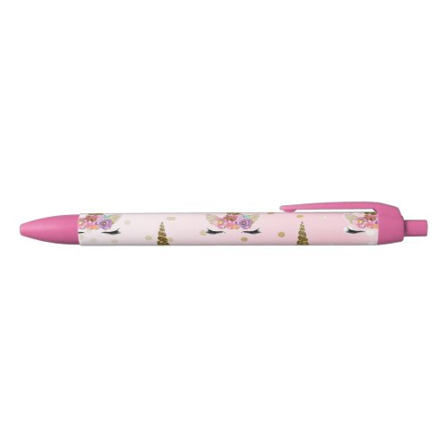 Pink  Gold Glitter Unicorn Floral Horn Girls Blue Ink Pen