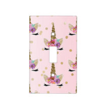 Pink & Gold Glitter Unicorn Floral Horn Girls Light Switch Cover