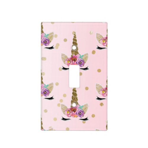 Pink  Gold Glitter Unicorn Floral Horn Girls Light Switch Cover