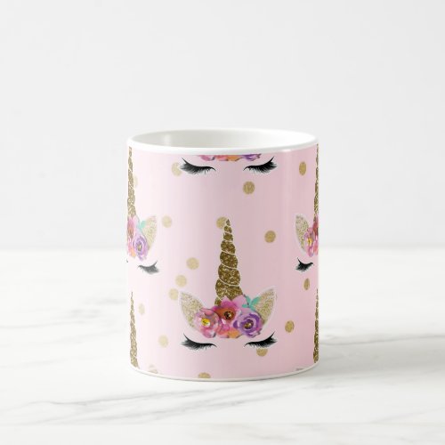 Pink  Gold Glitter Unicorn Floral Horn Modern Coffee Mug