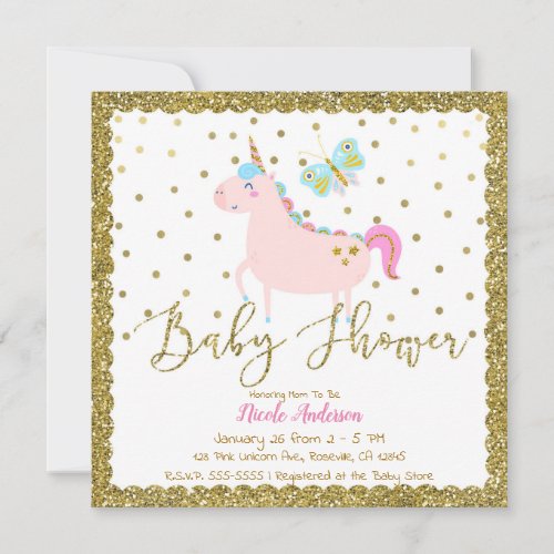 Pink  Gold Glitter Unicorn Girls Baby Shower Invitation
