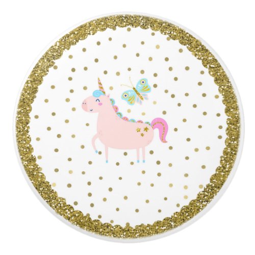 Pink  Gold Glitter Unicorn Girls Bedroom Nursery Ceramic Knob