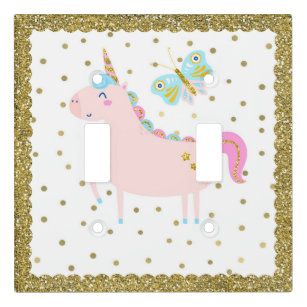 Pink & Gold Glitter Unicorn Girls Bedroom Nursery Light Switch Cover