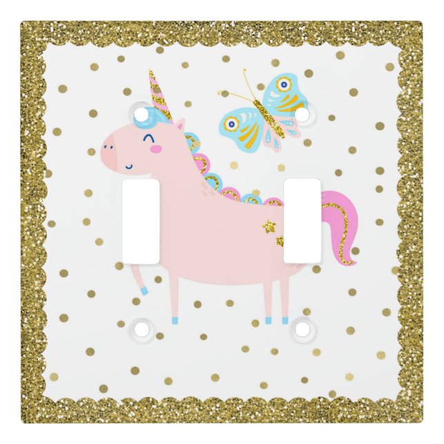 Pink & Gold Glitter Unicorn Girls Bedroom Nursery Light Switch Cover (Front)