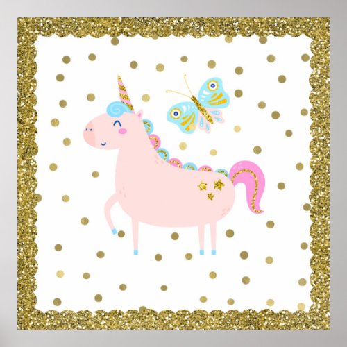 Pink  Gold Glitter Unicorn Girls Bedroom Nursery Poster