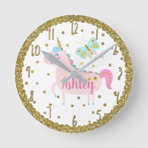 Pink  Gold Glitter Unicorn Girls Bedroom Nursery Round Clock