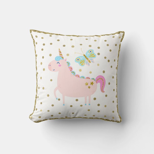 Pink & Gold Glitter Unicorn Girls Bedroom Nursery Throw Pillow (Front)