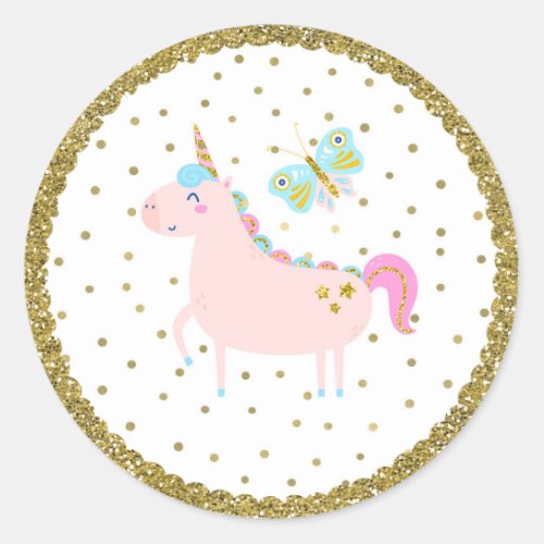 Pink  Gold Glitter Unicorn Girls Birthday Party Classic Round Sticker