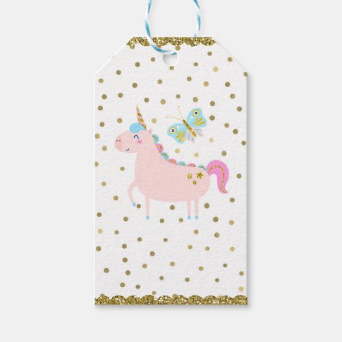 Pink  Gold Glitter Unicorn Girls Birthday Party Gift Tags