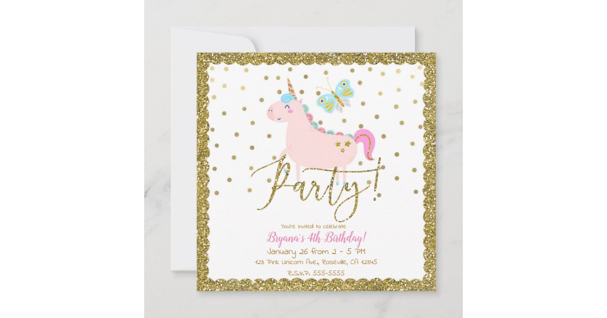 Pink & Gold Glitter Unicorn Girls Birthday Party Invitation | Zazzle
