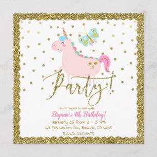 Pink & Gold Glitter Unicorn Girls Birthday Party Invitation