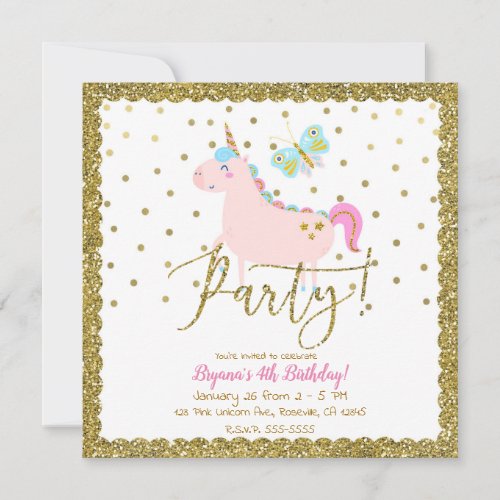 Pink  Gold Glitter Unicorn Girls Birthday Party Invitation