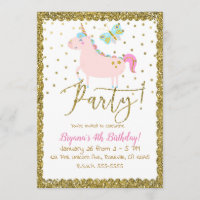 Pink & Gold Glitter Unicorn Girls Birthday Party Invitation