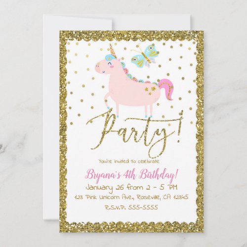 Pink  Gold Glitter Unicorn Girls Birthday Party Invitation