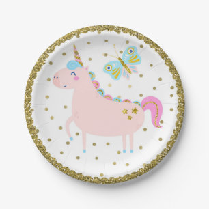 Pink & Gold Glitter Unicorn Girls Birthday Party Paper Plates