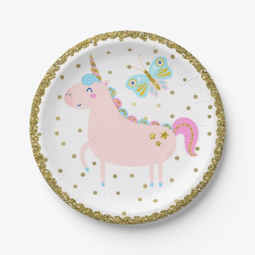 Pink  Gold Glitter Unicorn Girls Birthday Party Paper Plates