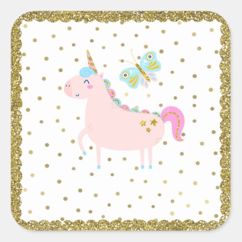 Pink  Gold Glitter Unicorn Girls Birthday Party Square Sticker