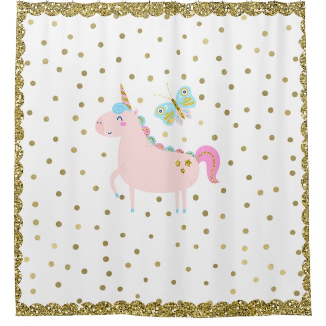 Pink & Gold Glitter Unicorn Girls Glittery Look Shower Curtain (Front)
