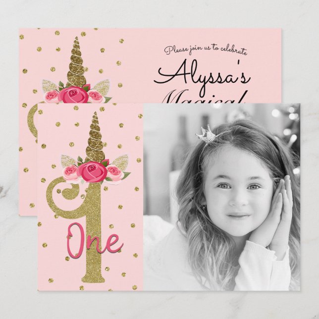 Pink Gold Glitter Unicorn ONE 1st Birthday Party Invitation (Front/Back)