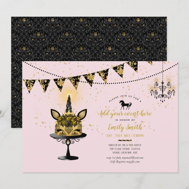 Pink Gold Glitter Unicorn Sweet16 Quinceanera 12th Invitation (Front/Back)