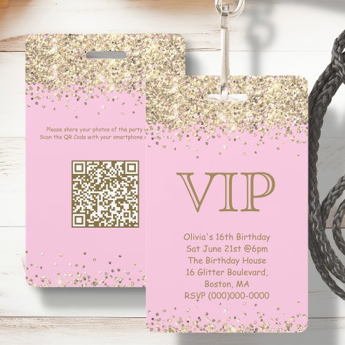 Pink  Gold Glitter  VIP Birthday Invitation Badge