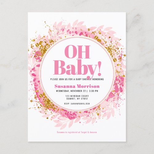 Pink Gold Glitter Watercolor Baby Girl Shower Invitation Postcard