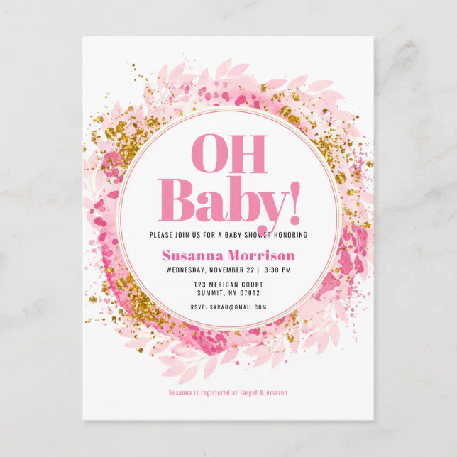 Pink Gold Glitter Watercolor Baby Girl Shower Invitation Postcard | Zazzle
