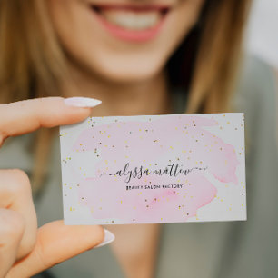 Pink Gold Glitter Watercolor Personalized Script Business Card