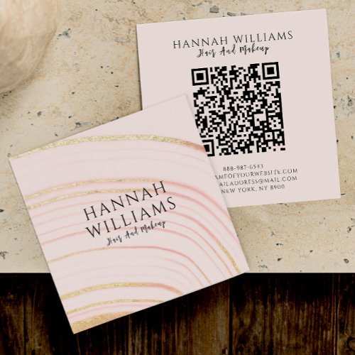 Pink  Gold Glitter Wavy Lines Qr Code Modern Square Business Card