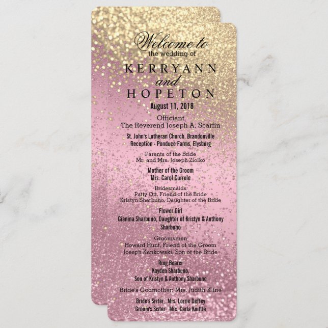 Pink & Gold Glitter Wedding Ceremony  Program (Front/Back)