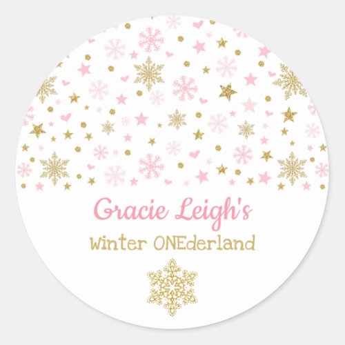 Pink Gold Glitter Winter Snowflake ONEderland Baby Classic Round Sticker