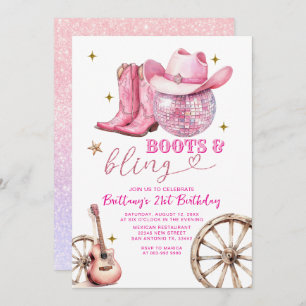 Pink Gold Glittter Boots and Bling 21st Birthday Invitation