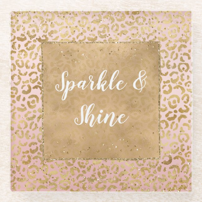 Pink Gold Glitz Sparkle Leopard Print   Glass Coaster (Front)
