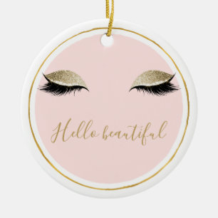 Pink Gold Glitzy Black Eyelashes Ceramic Ornament