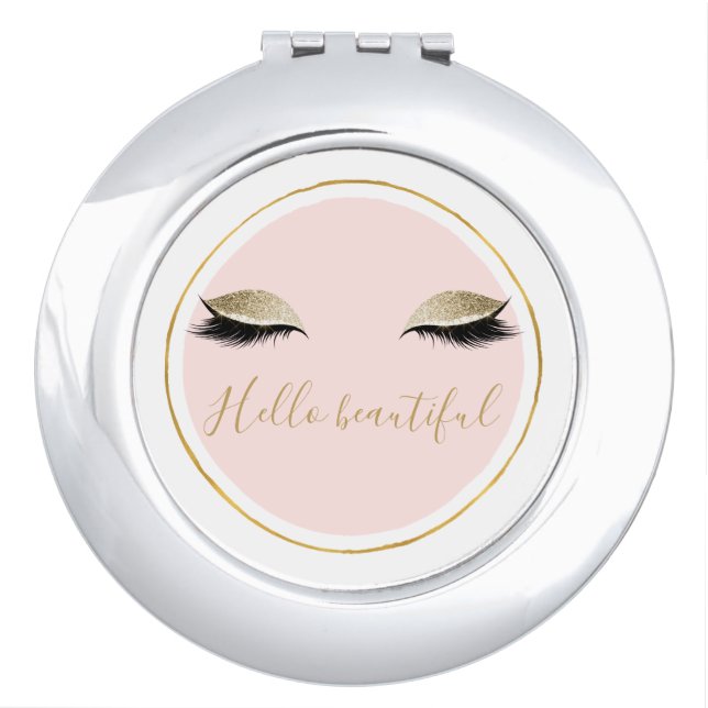 Pink Gold Glitzy Black Eyelashes Compact Mirror (Front)
