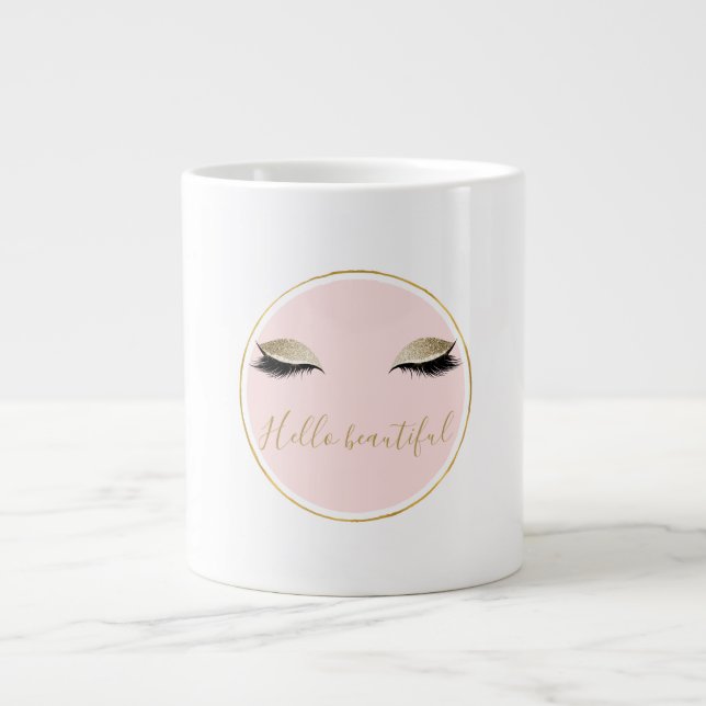 Pink Gold Glitzy Black Eyelashes Giant Coffee Mug (Front)