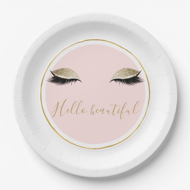 Pink Gold Glitzy Black Eyelashes Paper Plates (Front)