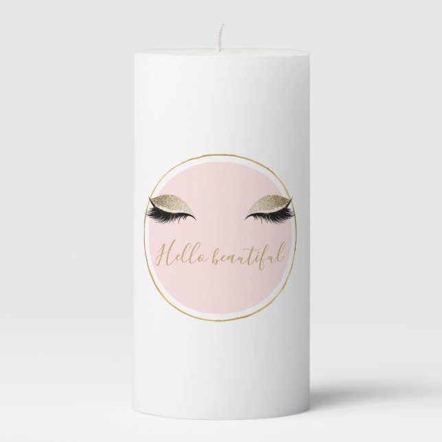 Pink Gold Glitzy Black Eyelashes Pillar Candle (Front)