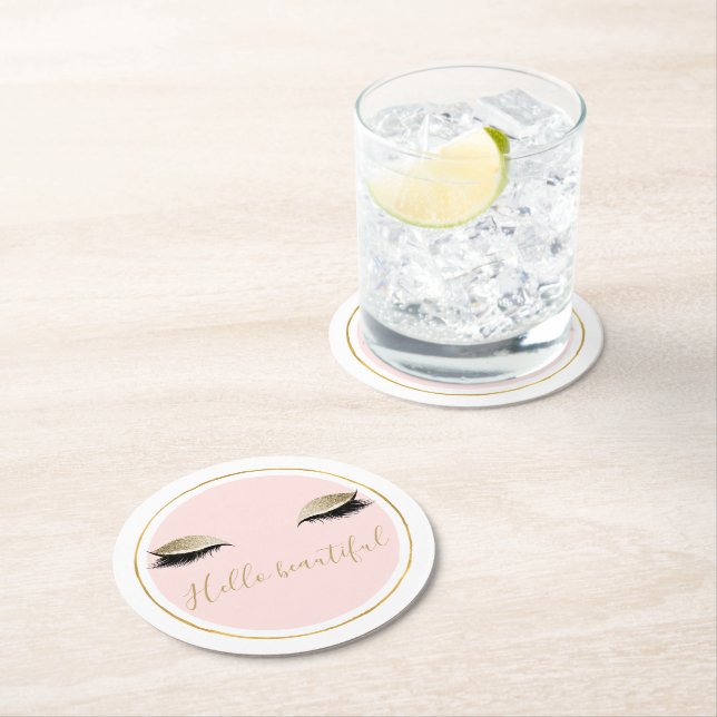 Pink Gold Glitzy Black Eyelashes Round Paper Coaster (Insitu)