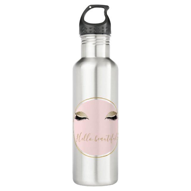 Pink Gold Glitzy Black Eyelashes Stainless Steel Water Bottle (Front)