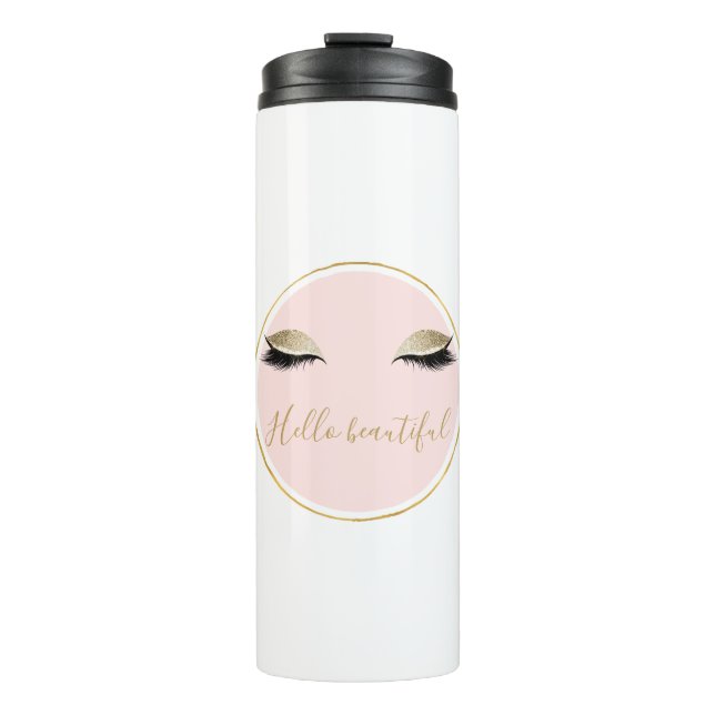 Pink Gold Glitzy Black Eyelashes Thermal Tumbler (Front)
