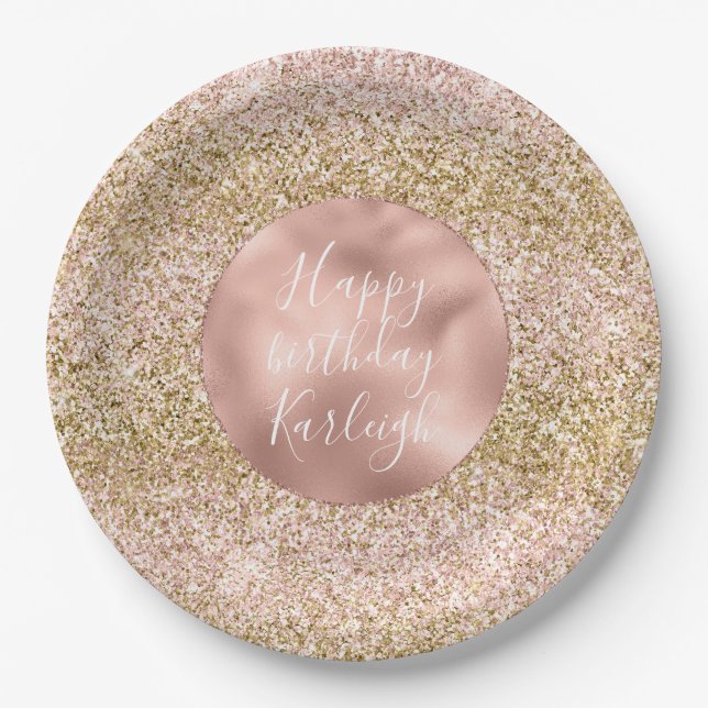 Pink Gold Glitzy Girly Sparkle Glitter Ombre Paper Plates (Front)