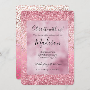 Pink Gold Glitzy Glitter Ombre Leopard Print Invitation