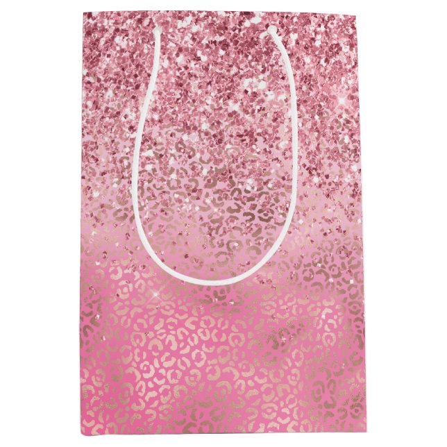 Pink Gold Glitzy Glitter Ombre Leopard Print Medium Gift Bag (Front)