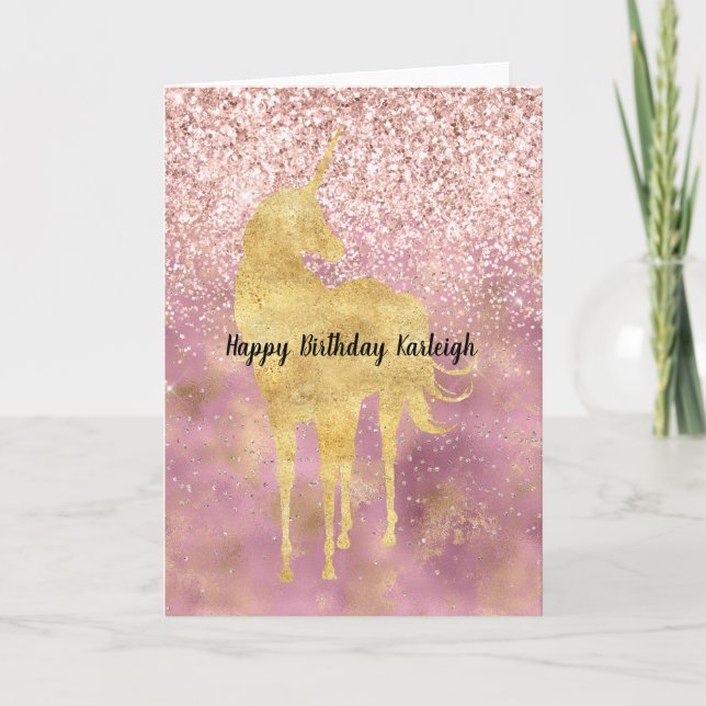 Pink Gold Glitzy Glitter Unicorn Card (Front)